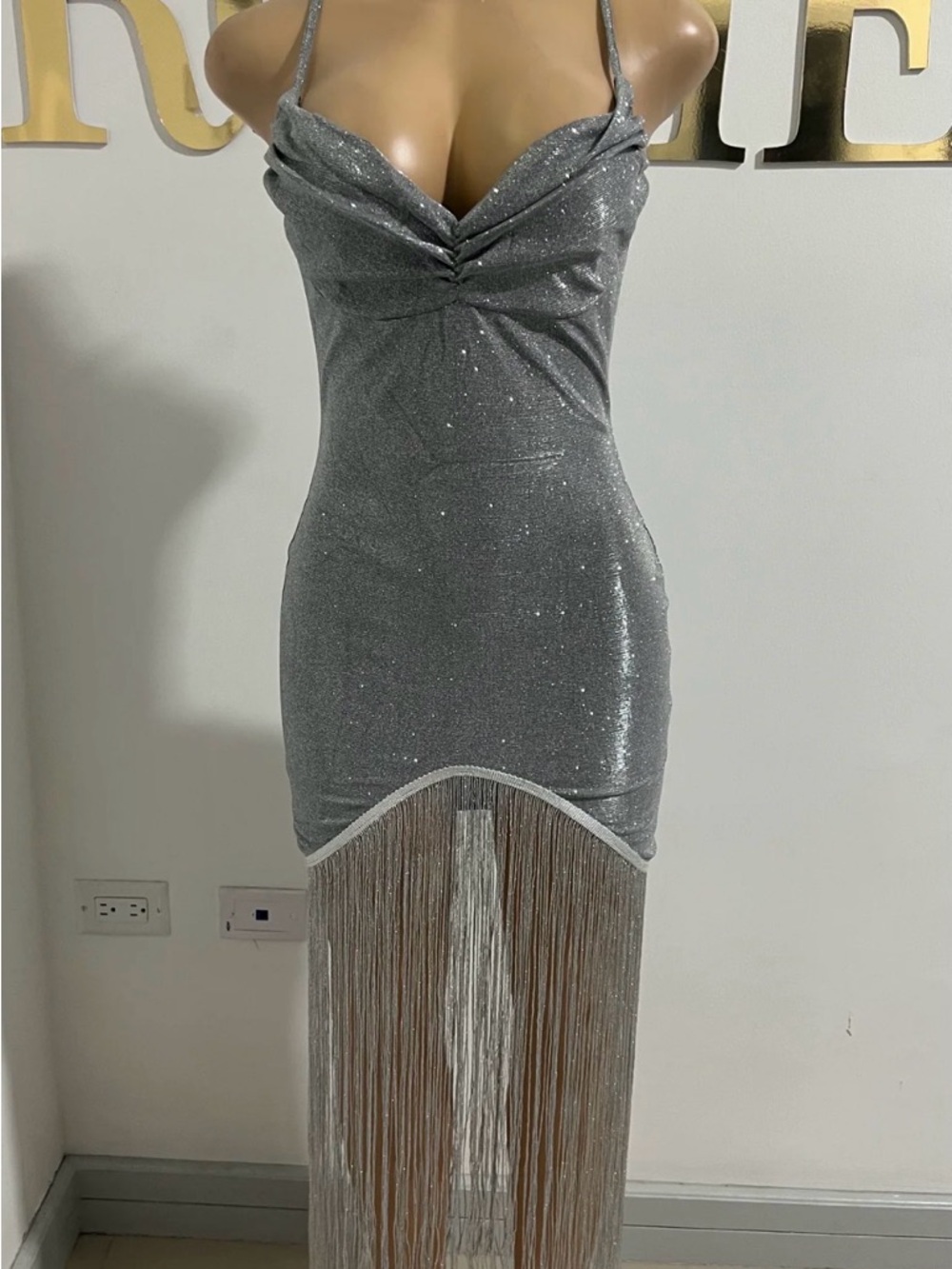 Cider Silver Shimmer Slip Dress with Fringe Detail